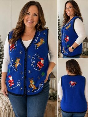 Bobbie Brooks Womens Blue Santa Reindeer Ugly Christmas Sweater Vest 22/24 NWT